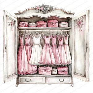 May include: Watercolour illustration of an open white wardrobe filled with pink dresses and matching hat boxes. The wardrobe has a decorative floral design on top and on the doors. The dresses are hanging on a rail inside the wardrobe.