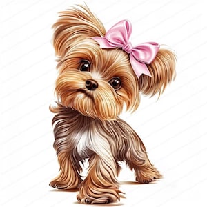 Pode incluir: Um pequeno c&atilde;o Yorkshire Terrier marrom e branco com pelo longo e fluente. O c&atilde;o est&aacute; usando um la&ccedil;o rosa na cabe&ccedil;a e est&aacute; olhando diretamente para a c&acirc;mera.