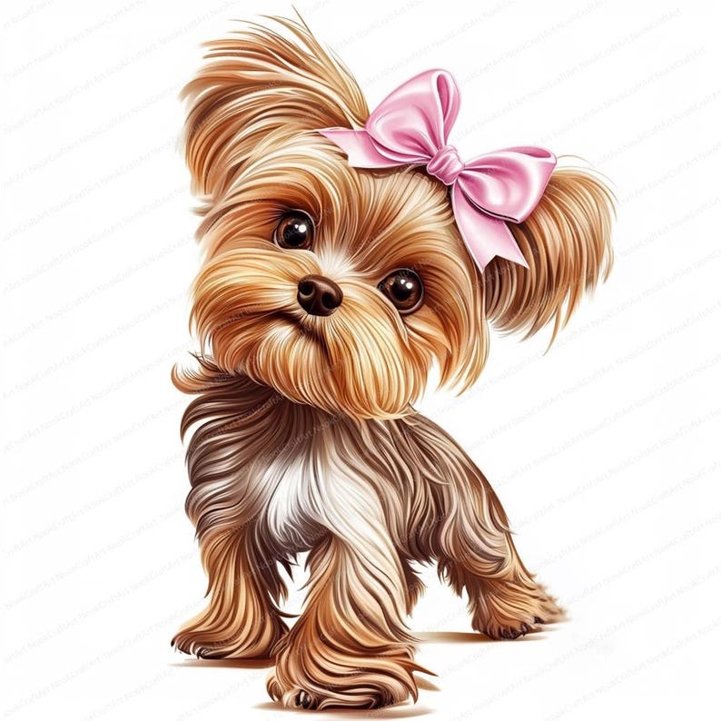 Pode incluir: Um pequeno c&atilde;o Yorkshire Terrier marrom e branco com pelo longo e fluente. O c&atilde;o est&aacute; usando um la&ccedil;o rosa na cabe&ccedil;a e est&aacute; olhando diretamente para a c&acirc;mera.