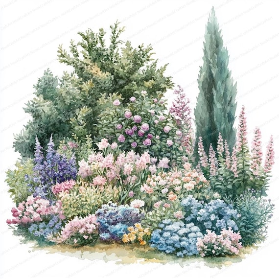 12 水彩画の庭のクリップアート | モネの庭 | 印刷可能な水彩画の