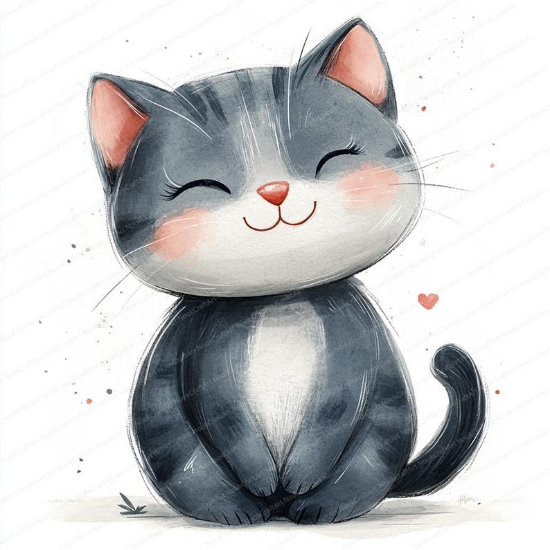 May include: A watercolor illustration of a gray and white cat with closed eyes and a big smile. The cat is sitting with its tail curled around its legs. The background is white with pink hearts.