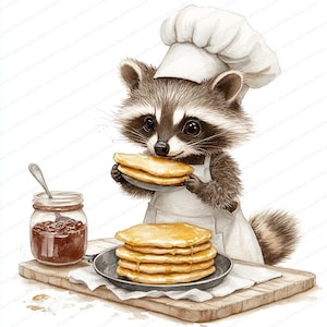 20 Raccoon Chef Pancake Clipart | Ilustração de cozinha de animal fofo | Clipart de aquarela para impressão | JPGs de alta qualidade | Artesanato em papel