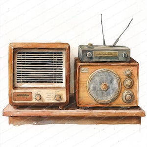 20 Clipart radio d'epoca / Elementi di design radio retrò / Clipart acquerello stampabile / JPG di alta qualità / Artigianato di carta / Diario spazzatura