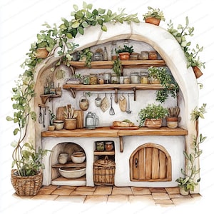 18 Whimsical Fairy Kitchen Clipart | Enchanted Fairy House Watercolor ...