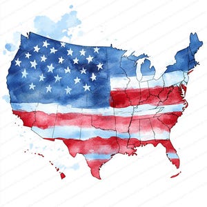 May include: Watercolor painting of the United States map, featuring the American flag design. The map is rendered in shades of blue, red, and white, with the stars and stripes of the flag overlaid on the states. The artwork has a textured, artistic appearance.