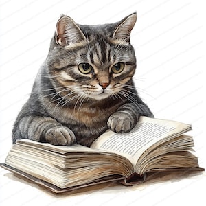 20 Clipart di libri di lettura di gatti / Illustrazione letteraria di un felino accogliente / Clipart di acquerelli stampabili / JPG di alta qualità / Artigianato di carta / diario