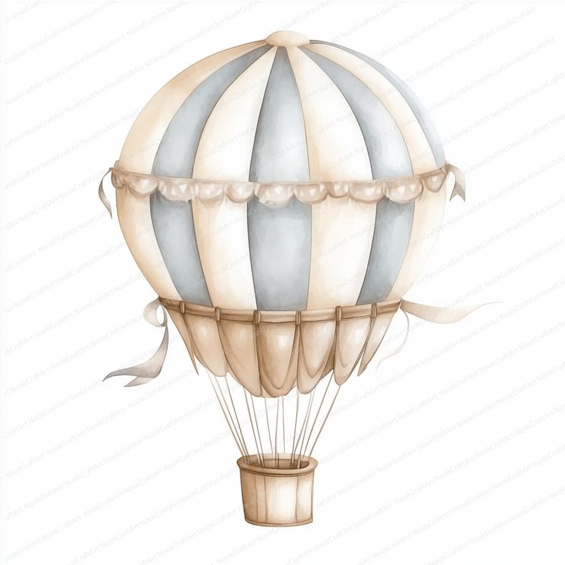 Op de afbeelding: Een aquarel-illustratie van een luchtballon met een blauw-wit gestreept patroon en een bruine mand. De ballon heeft een witte kantversiering rond de bovenkant.