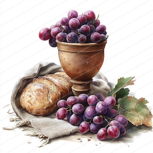 Può includere: Illustrazione ad acquerello di una natura morta con una pagnotta rustica, un calice color bronzo traboccante di uva viola e un grappolo d'uva con foglie verdi, su un panno di lino.