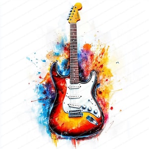 Kleurrijke elektrische gitaar clipartbundel | 20 afbeeldingen van hoge kwaliteit | Digitale download | Commercieel gebruik | Muurkunst aquarel