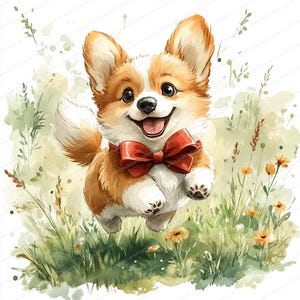 May include: A watercolour illustration of a Corgi dog leaping joyfully. The dog, with brown and white fur, wears a red bow tie and is set in a field of green grass and yellow flowers. The image has a bright, cheerful feel.