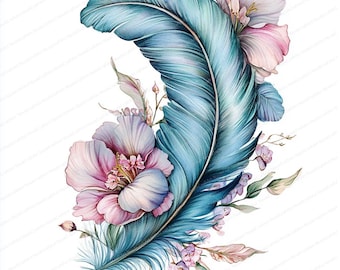 17 Clipart di piume floreali / Eleganti disegni boho / Clipart di acquerelli stampabili / JPG di alta qualità / Artigianato di carta / Diario spazzatura