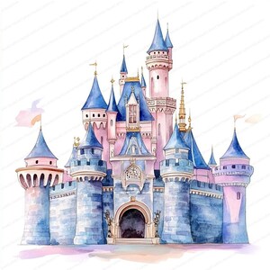 May include: A watercolour painting of a pink and blue castle with multiple towers and spires. The castle has a large arched entrance and is surrounded by a stone wall.