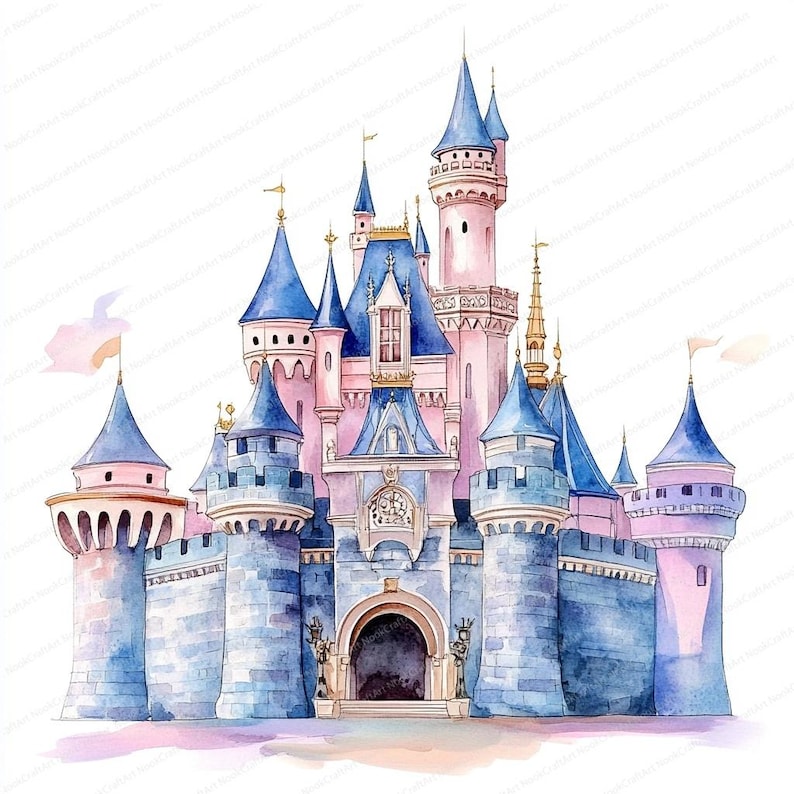May include: A watercolour painting of a pink and blue castle with multiple towers and spires. The castle has a large arched entrance and is surrounded by a stone wall.