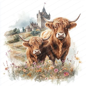 May include: Two Highland cows, one brown and one reddish-brown, stand in a field of wildflowers. A stone castle with a flag on top is in the background.