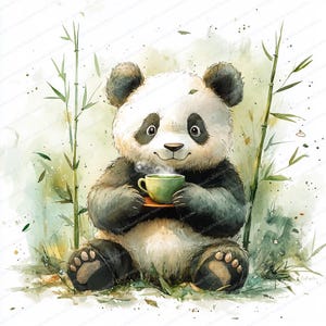 17 Panda with Green Tea Clipart | Cute Animal Illustration Print | Printable Watercolor clipart | High Quality JPGs | Paper craft | journal