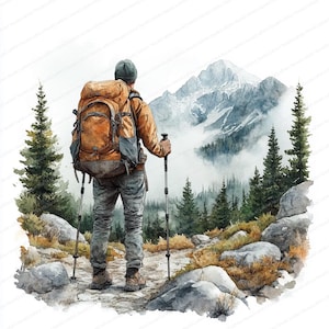 May include: Watercolor illustration of a hiker with a large backpack and hiking poles, facing a mountain range. The hiker wears a brown jacket, gray pants, and a green beanie. The scene includes trees, rocks, and a path, with a misty mountain backdrop.