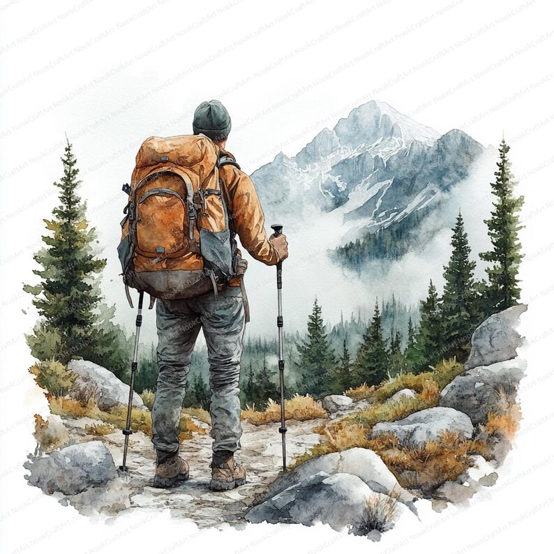 May include: Watercolor illustration of a hiker with a large backpack and hiking poles, facing a mountain range. The hiker wears a brown jacket, gray pants, and a green beanie. The scene includes trees, rocks, and a path, with a misty mountain backdrop.