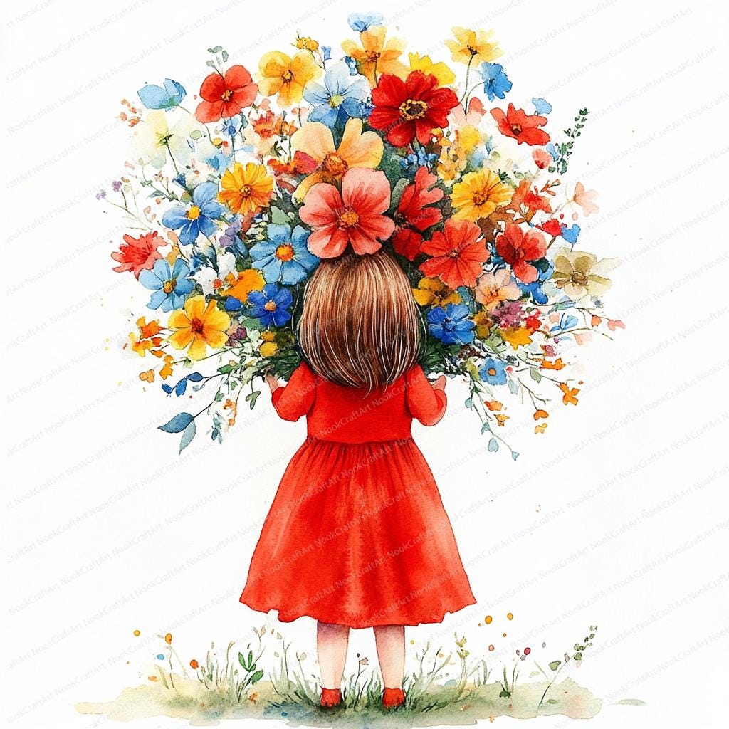 18 花束を持つ少女のクリップアート | 花の水彩画アート | 印刷可能な