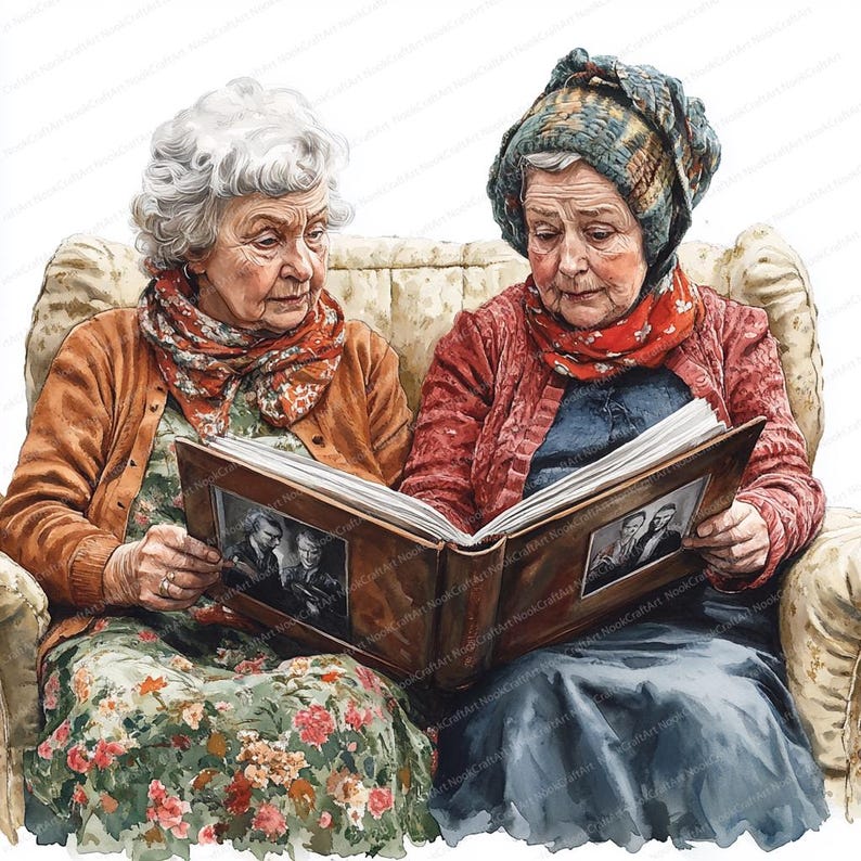 May include: Two women sit on a couch and look at a photo album together. The woman on the left is wearing a brown sweater, a red scarf, and a floral dress. The woman on the right is wearing a red sweater, a red scarf, and a blue and white patterned hat.