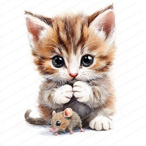 18 cliparts chaton et souris | Illustrations de chat mignon | Clipart aquarelle imprimable | JPG de haute qualité | Créations en papier | Journal indésirable