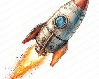 24 Retro Metallic Rocket Clipart | Vintage Space Illustration Design | Printable Watercolor clipart | High Quality JPGs | Paper craft