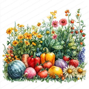 20 Sommer Garten Clipart-Set | Lebendige saisonale Illustrationen | Druckbare Aquarell Clipart | Hochwertige JPGs | Papiermodell | Junk Journal