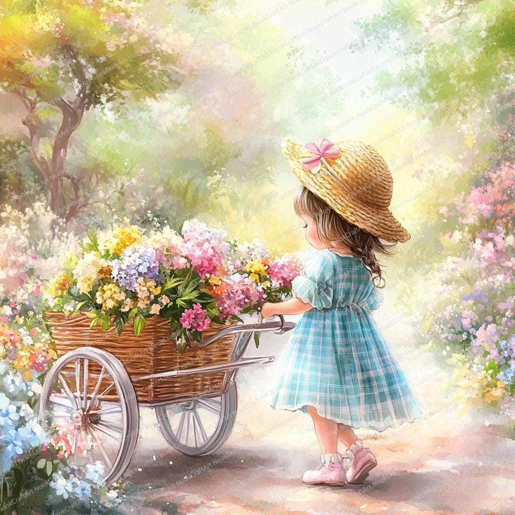 【水彩画】♦花籠を持った✞クルスの　★★少女★★ 水彩画】♢花籠を持った✞クルスの 少女 透明水彩 flower❁basket - も
