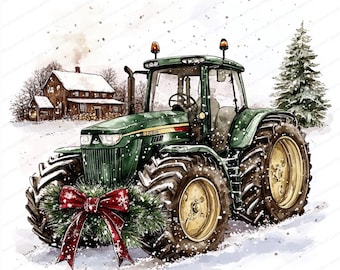 May include: A green tractor with a red bow and a Christmas tree in front of it. The tractor is in a snowy field with a farmhouse in the background.