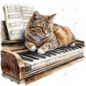 Può includere: Illustrazione ad acquerello di un gatto tigrato appoggiato su una tastiera di pianoforte. Il gatto ha pelo marrone e beige con zampe bianche. Spartiti musicali poggiano sul leggio. Il pianoforte è marrone.