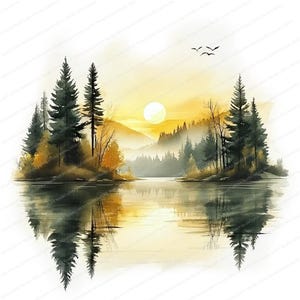 May include: A watercolor painting of a serene lake scene with a golden sunset. The lake is surrounded by a forest of evergreen trees, with a few trees on a small island in the foreground. The sun is setting behind the mountains in the distance, casting a warm glow over the scene.