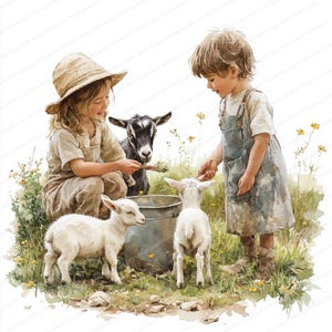 18 Kid's Voedende Geiten Clipart | Charmante boerderijdierenillustratie | Afdrukbare aquarel clipart | Hoge kwaliteit JPG's | Papierkunst | dagboek