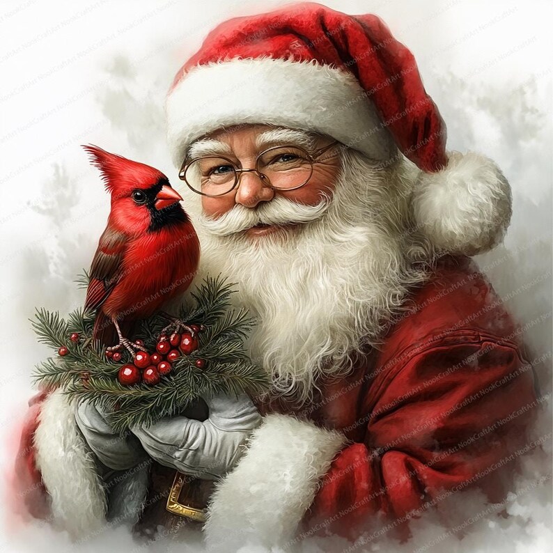 14 Vintage Santa With Cardinal Clipart | Printable Watercolor Clipart ...