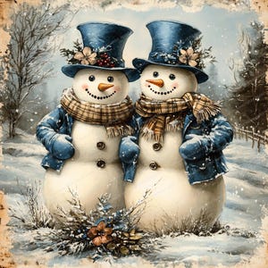 16 Bonhommes de neige vintage bleus dans un paysage hivernal Clipart | Clipart de bonhommes de neige nostalgiques | Clipart aquarelle imprimable | Fichiers JPG de haute qualité