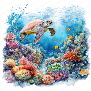 Peut inclure: Illustration à l'aquarelle d'une tortue de mer nageant au-dessus d'un récif corallien vibrant. La tortue a une carapace brune et des nageoires à motifs. Le récif présente des coraux colorés et de petits poissons, sur fond d'océan bleu.