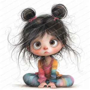 Puede incluir: Una ilustraci&oacute;n de dibujos animados de una ni&ntilde;a con el pelo casta&ntilde;o en coletas, que lleva una camisa rosa y rayas arco&iacute;ris y pantalones azules. Tiene grandes ojos marrones y una expresi&oacute;n preocupada.