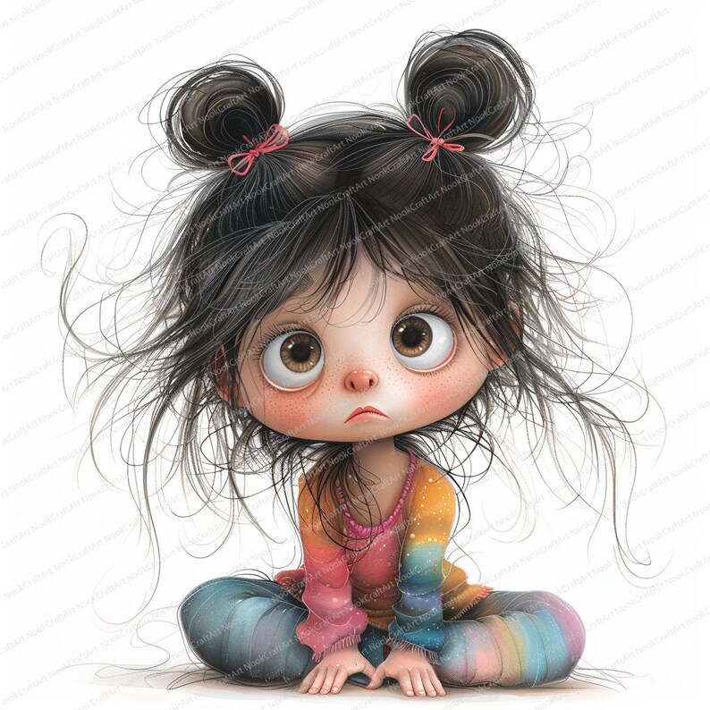 Puede incluir: Una ilustraci&oacute;n de dibujos animados de una ni&ntilde;a con el pelo casta&ntilde;o en coletas, que lleva una camisa rosa y rayas arco&iacute;ris y pantalones azules. Tiene grandes ojos marrones y una expresi&oacute;n preocupada.