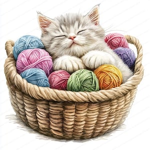 Images de chats mignons dans des paniers de laine | 16 fichiers JPG de haute qualité | Clipart aquarelle imprimable | Téléchargement numérique | Créations artisanales en papier | journal indésirable