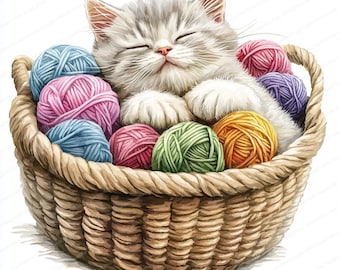 Cute Cats in Yarn Baskets Images | 16 High Quality JPGs | Printable Watercolor clipart | Digital download | Paper craft | junk journal