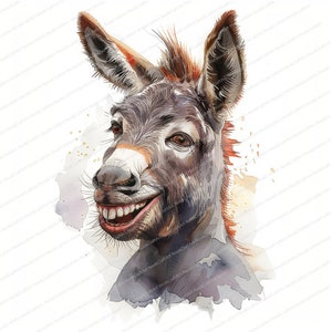 15 Cute Laughing Donkey Clipart | Happy Donkey | Printable Watercolor clipart | High Quality JPGs | Digital download | Paper craft, journals