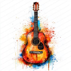 Kleurrijke gitaarclipartbundel | 18 afbeeldingen van hoge kwaliteit | Digitale download | Commercieel gebruik | Aquarel kunst aan de muur | Muziekinstrumenten