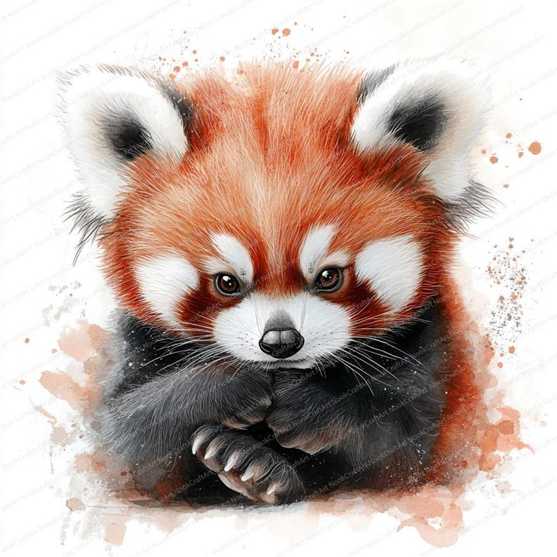 K&ouml;nnte beinhalten: Ein Aquarellbild eines Roten Pandas mit einer wei&szlig;en Brust und schwarzen Beinen. Das Junge sitzt mit seinen Pfoten unter dem Kinn und schaut direkt auf den Betrachter. Der Hintergrund ist ein weicher Aquarell-Wasch in Orange und Braun.