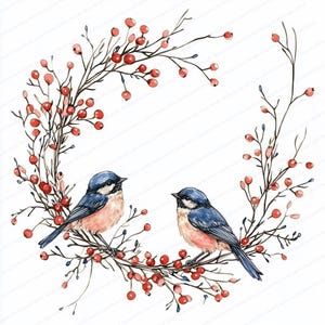 18 Clipart Couronne d'oiseaux d'hiver | Aquarelle festive | Téléchargement numérique JPG | Éléments d'artisanat des Fêtes | Décoration imprimable