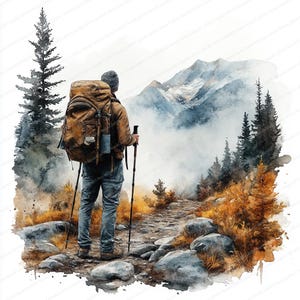May include: Watercolor illustration of a hiker with a large backpack and hiking poles, standing on a rocky path. The hiker is facing a mountain range shrouded in mist. The scene is rendered in muted tones of brown, blue, and orange.
