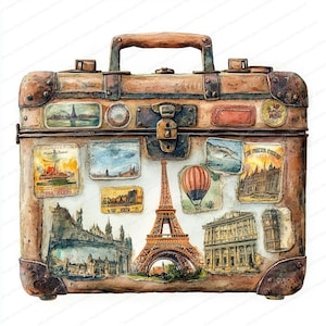 Colección de 18 imágenes prediseñadas de maletas antiguas / Conjunto de ilustraciones de viajes retro / Imágenes prediseñadas de acuarela imprimibles / JPG de alta calidad / Manualidades de papel