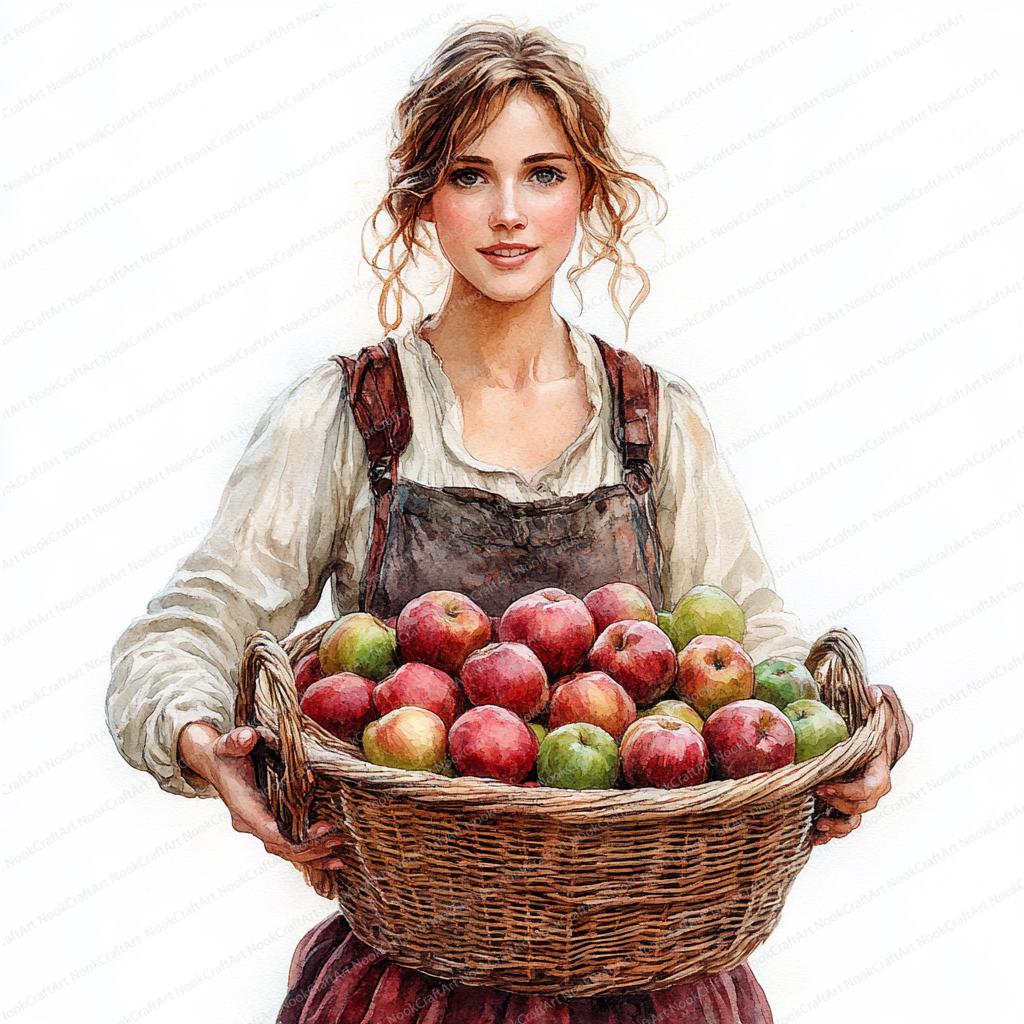 18 りんごのバスケットを持つ女性のクリップアート | 収穫期のイラスト