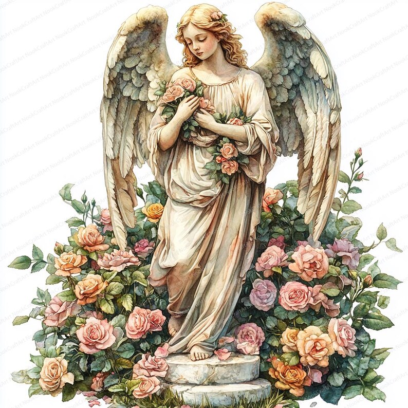 Angels And Roses 24 Angel in Rose Garden Clipart | Serene Celestial Illustration Set ...
