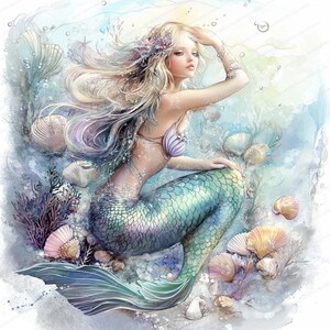 Mermaids Underwater | 14 High Quality JPGs | Printable Watercolor clipart | Digital download | Paper craft | junk journal