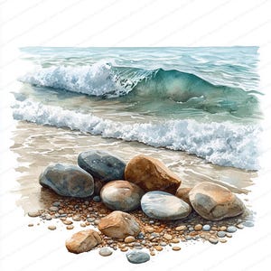Op de afbeelding: Aquarel schilderij van een strandscène. De afbeelding toont oceaangolven in tinten blauw en groen die op een zandstrand breken. Gladde, afgeronde stenen in verschillende kleuren, waaronder grijs en bruin, zijn verspreid over het zand.