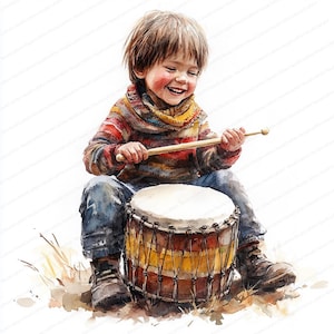 17 Imágenes prediseñadas de niño tamborilero / Niño musical tocando la batería / Imágenes prediseñadas de acuarela imprimibles / JPG de alta calidad / Manualidades de papel / Diario basura