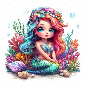 May include: A colorful mermaid with blue and pink hair, wearing a seashell bra and a green tail, sits on a bed of coral and seashells.